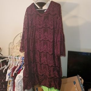 Plum Lace Shift Dress with Bell Sleeves